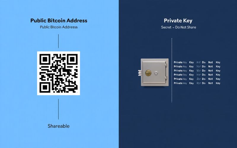 A bitcoin wallet contains a public address for receiving funds and a private key to access them