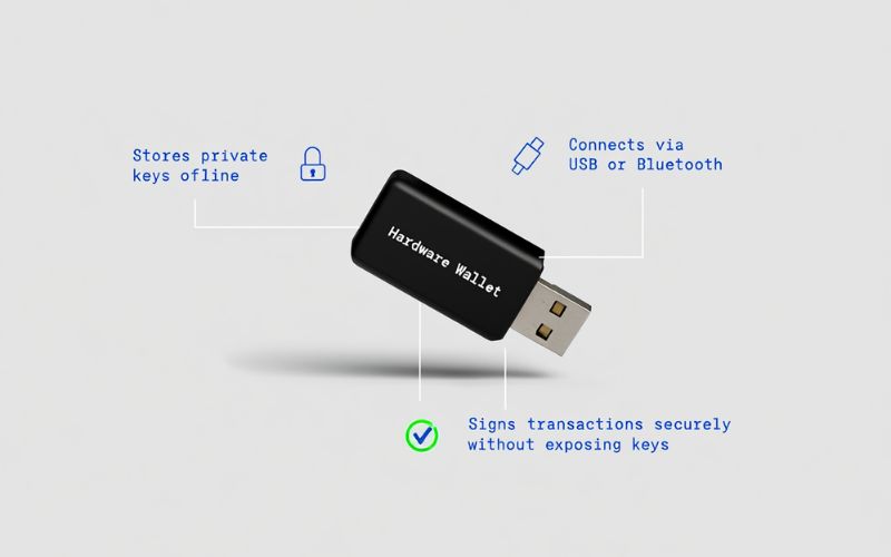 A hardware wallet protects your Bitcoin by keeping your private keys offline