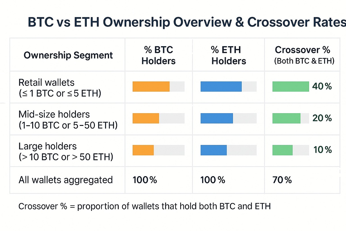 BTC vs. ETH ownership stats and crossover %