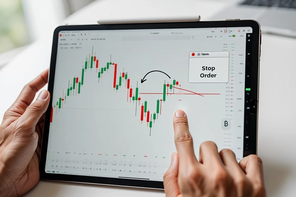 Experience the moment a stop order triggers a dynamic chart illustration with UI, a decisive action arrow, and hidden Bitcoin branding.