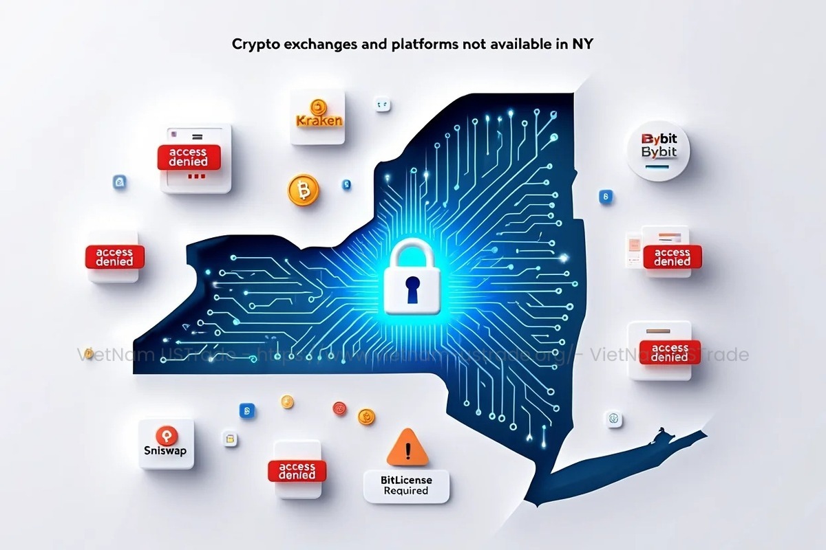 Infographic showing global crypto exchanges and DeFi platforms restricted in New York due to BitLicense laws