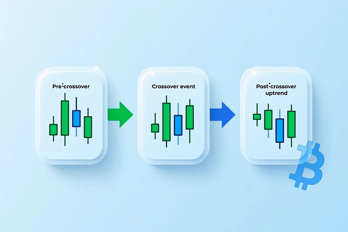 Three phase infographic illustrating how a golden cross forms and triggers uptrend signal