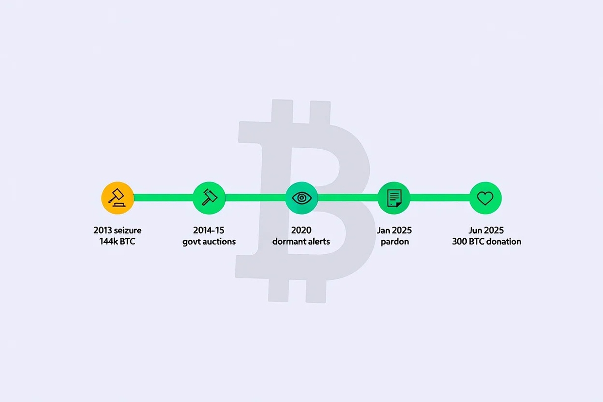 Timeline from Silk Road seizure to 2025 pardon and 300BTC donation