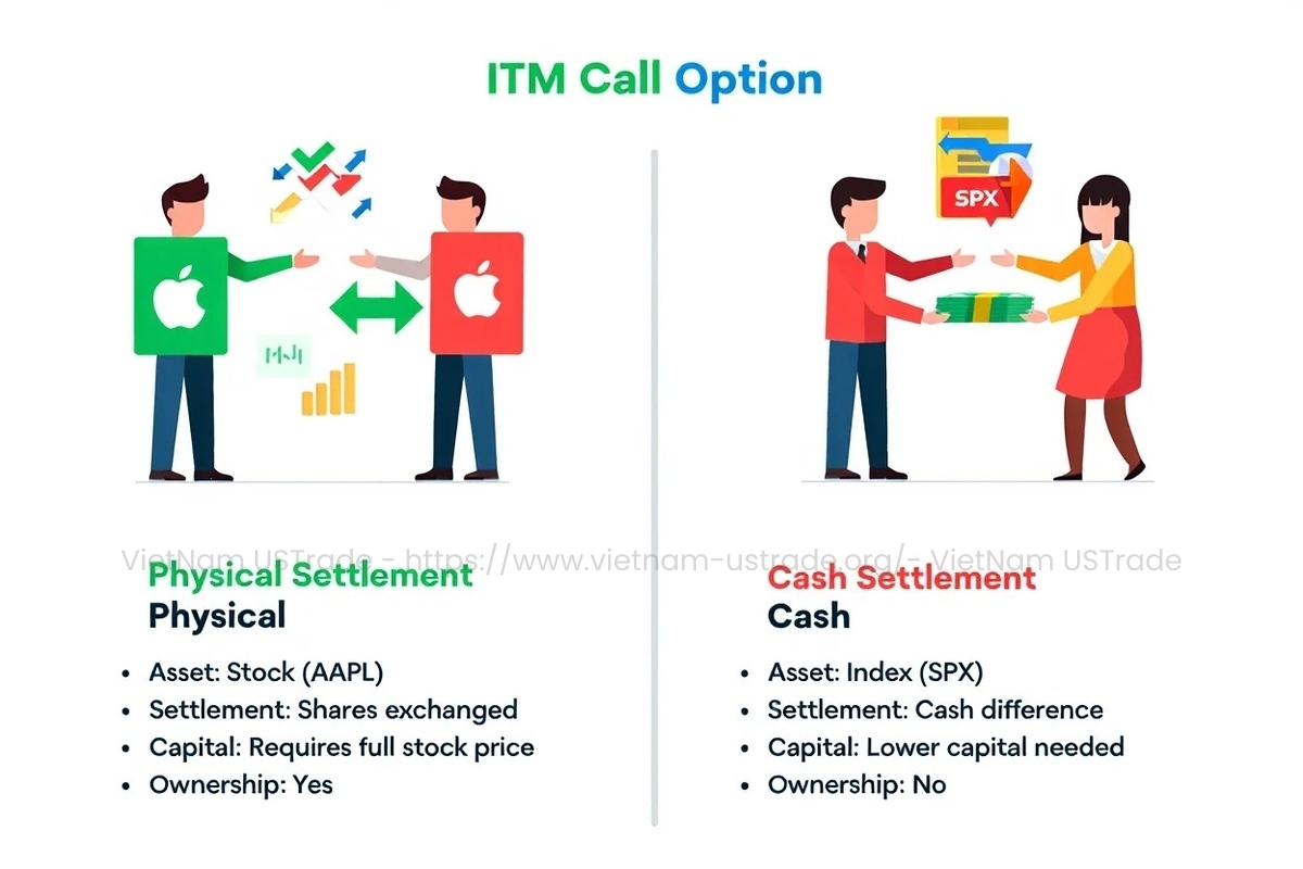 Visual breakdown of ITM call settlement cash vs stock, with key investor actions and capital risks