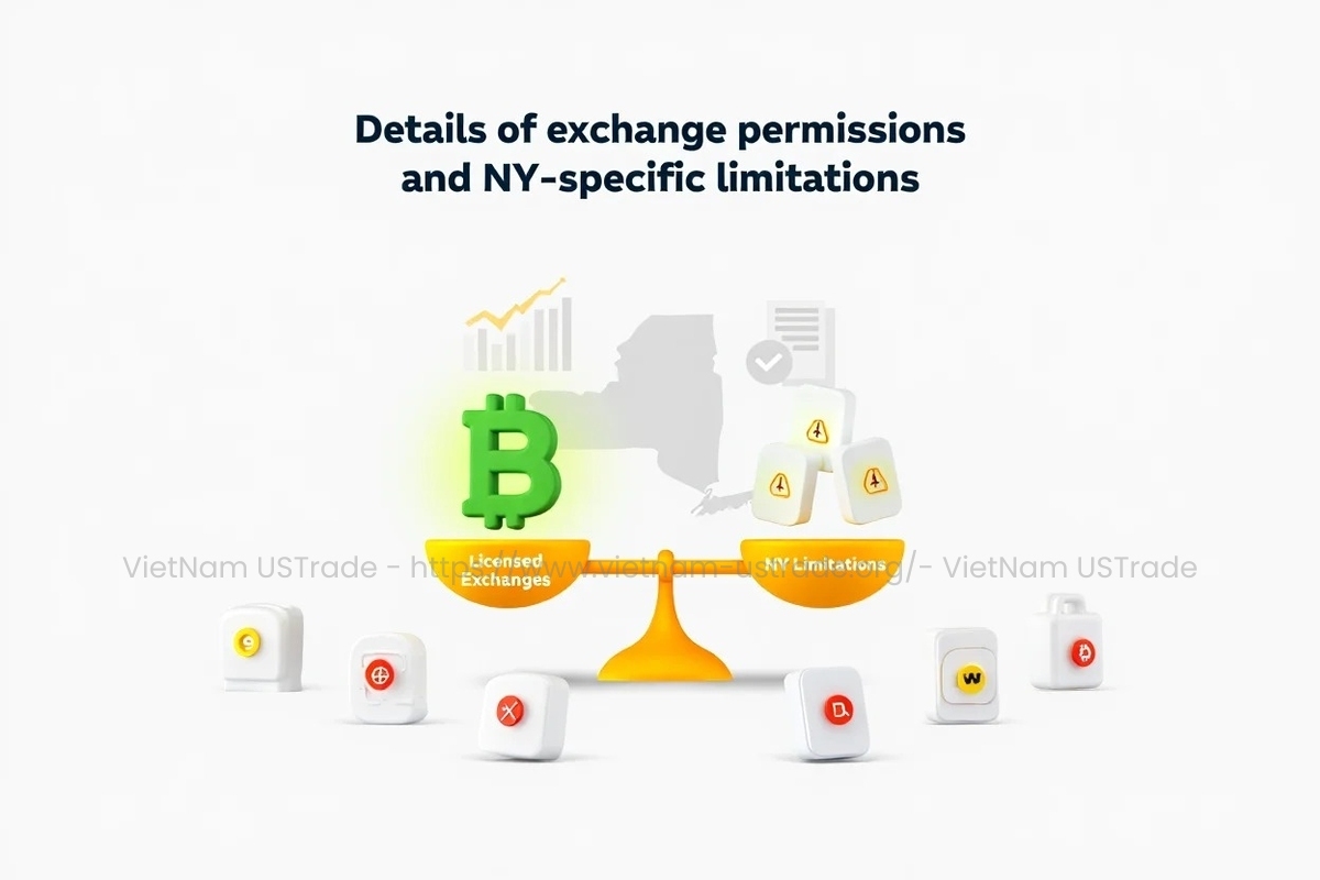 Visual metaphor of crypto exchanges under New York rules, highlighting licensing and service restrictions
