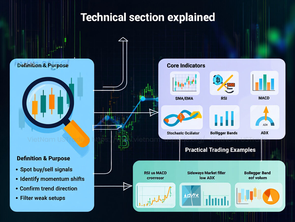 TradingView technical section with key indicators and trading use cases